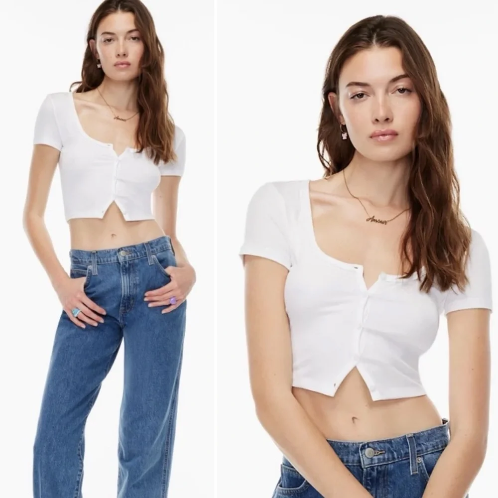 Aritzia Sunday Best Holly Top Button Front Cropped Rib T-Shirt White Crop Top S - Picture 1 of 14
